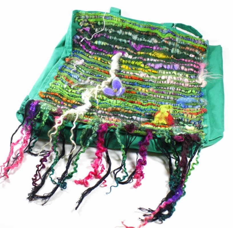 SAORI Woven Market Tote Project Bag with Handspun Art Yarn- JazzTurtle Couture, Fiber Art to Wear