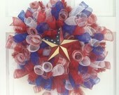 Patriotic, 4th of July, Spiral Deco Mesh Wreath- Red, White, & Blue with metal star, blue sprial, wire accents