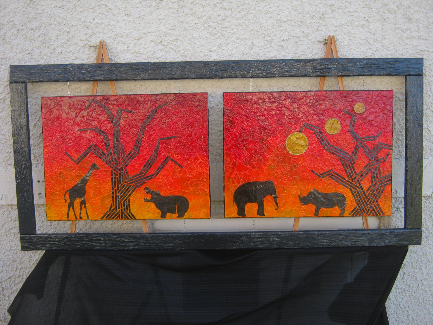 Large Framed Acrylic Mixed Media Double Panel Textured Safari Sunset Landscape Painting Wall Décor