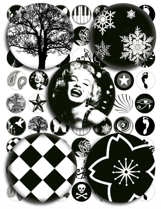 1 Inch Circle Black and White Things and Nature Digital Collage Sheet