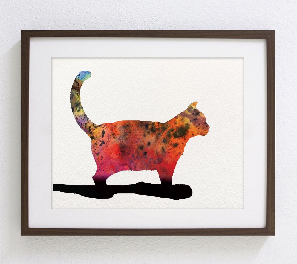 Watercolor Art Print - Fat Cat Archival Print - Animal Painting - 8x10 Art - Colorful Cat Silhouette Home Decor Gift Ideas