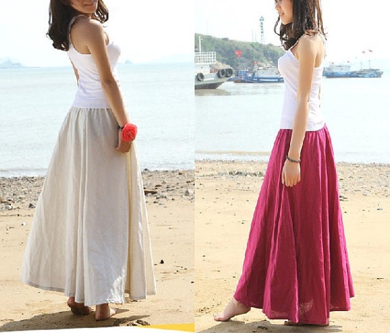 women's Linen cotton Maxi Dress Sundress Day dress black red grey beige skirt flax Sexy Casual big Pleat Pleated skirt Long Maxi Skirt (08)