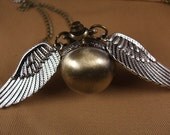 fashion antique harry potter necklace witch golden ball with wings angel steampunk quartz pocket watch brass pendant bronze chain y026