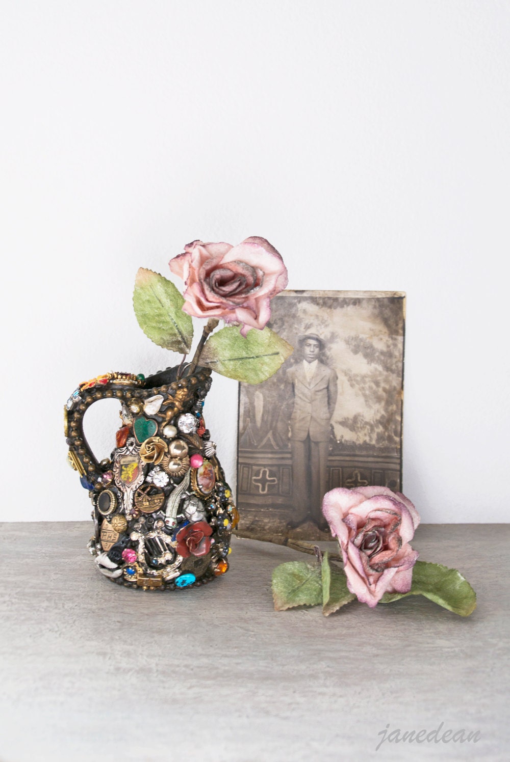 Little Memory Jar - ceramic pitcher embellished with vintage trinkets - janedean