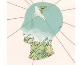 GREETING CARD 'Dream' / map collage bird blue head red thread