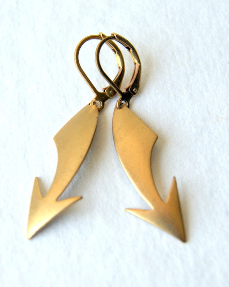 Curved Arrow Earrings, curved brass arrows. brass earwires, geometric jewelry