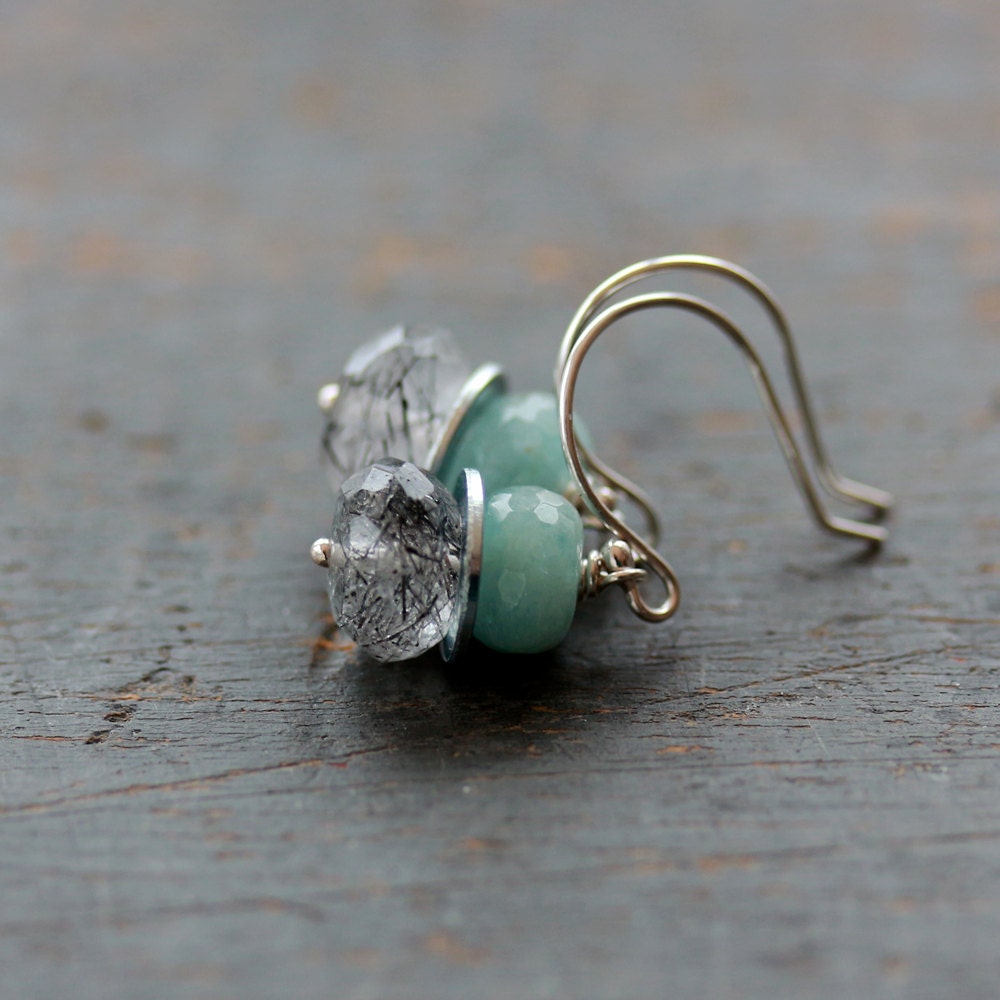 Aquamarine Gemstone Earrings Rutilated Quartz Stack Stacker Handmade Jewelry