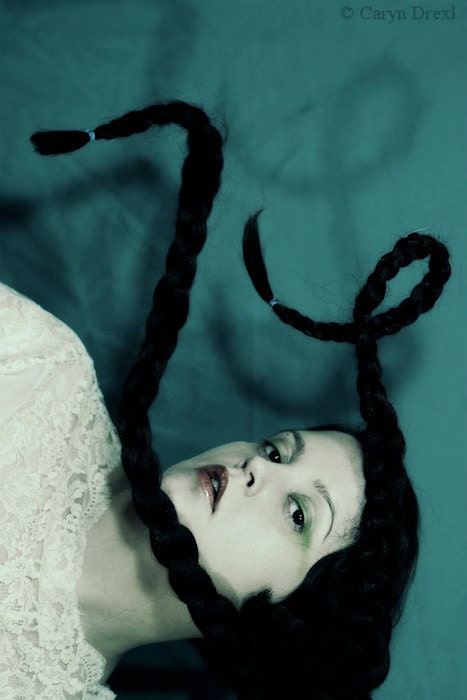 Swept Away - FREE SHIPPING - Print Girl Braids Floating Swimming Underwater Dark Creepy Pale Cream Lace Blue Green Teal Face Portrait