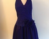 Vintage 80s Royal Blue Lace and Chiffon Gunne Sax Halter Dress Tags Attached