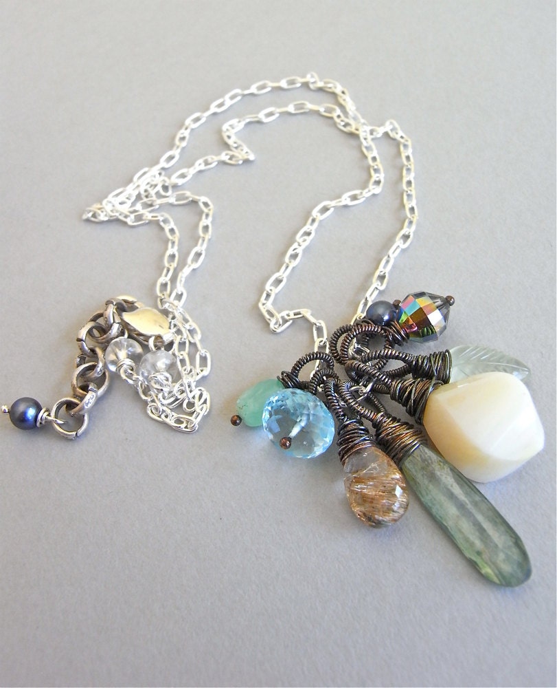 Necklace - sterling silver, wire wrapped, oxidised, mixed gemstone, vintage crystal - Seascape