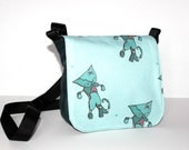 Zombie cat bag - blue shoulder bag with adjustable strap and pink stripy lining - lolita goth messenger