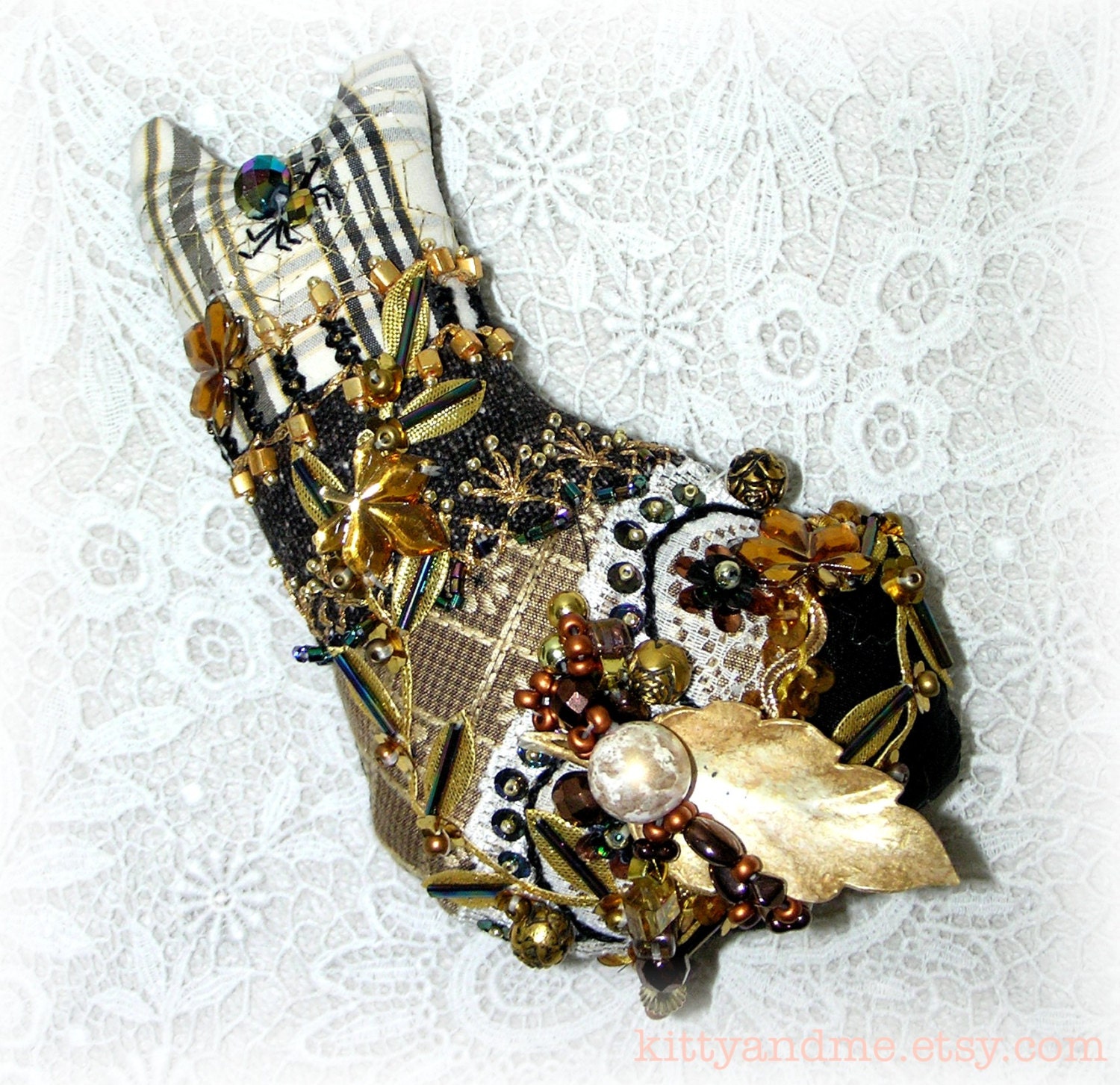 Black Halloween Cat Doll Hand Embroidered Beaded Victorian Crazy Quilt