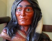 REDUCED Native American Indian Bust Statue with Dark Hair and Feathers