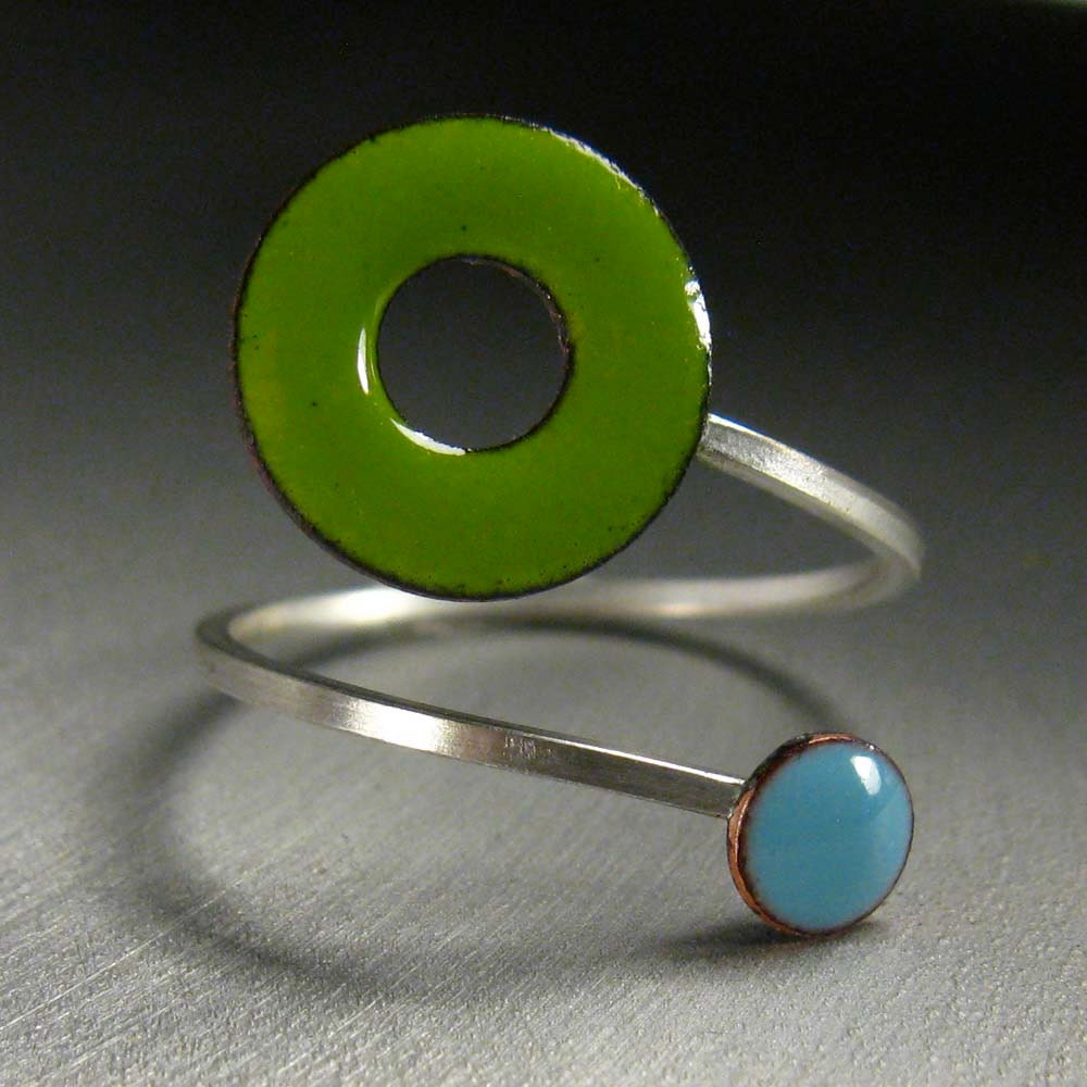 Ready to Ship: Lifesaver In Orbit Ring, Lime Green and Sky Blue Kiln-fired Glass Enamel and Sterling Silver, Adjustable
