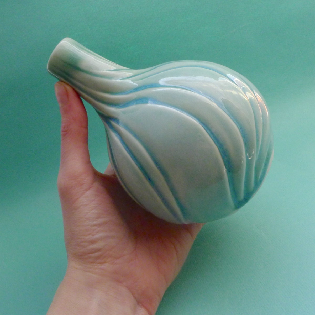 Highfire porcelain carved ceramic celadon green petal bud vase