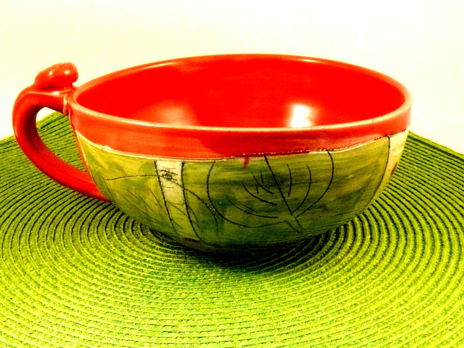 Handled Soup Bowl - Red Latte mug with handle  Big Teacup SM48 IN STOCK wheel-thrown pottery bowl  holds 20 ounces Graduate Gift