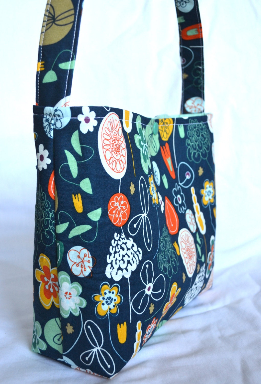 Little Girls Bag or Purse - Navy Blue with Aqua, Orange, Yellow Flowers