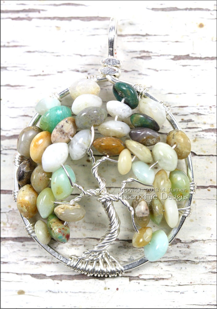 October Tree - Tree of Life Pendant in Multi Opal Gemstone and Sterling Silver Wire Birthstone Gift Idea for Her