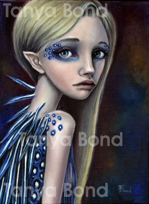 Lumi - bird girl - feathers - fashion - 5x7 print of an oil painting by Tanya Bond - surreal pop - big eyed fantasy