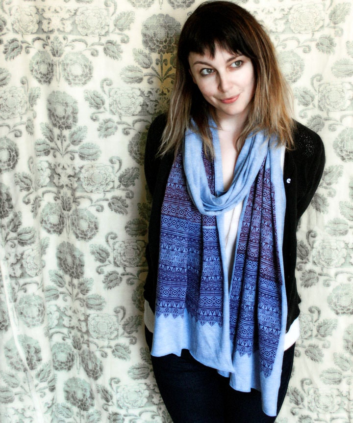 Screen printed Jersey Scarf-Heather Blue with Purple and Burgundy Caravan Print