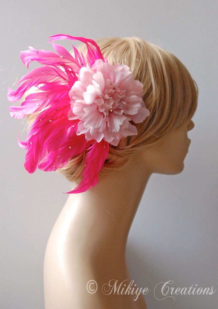 CLEARANCE Pink Floral Feather Headpiece, Bridal Hair Flower, Wedding Accessories - Bridal Hair Feather Flower Head Piece