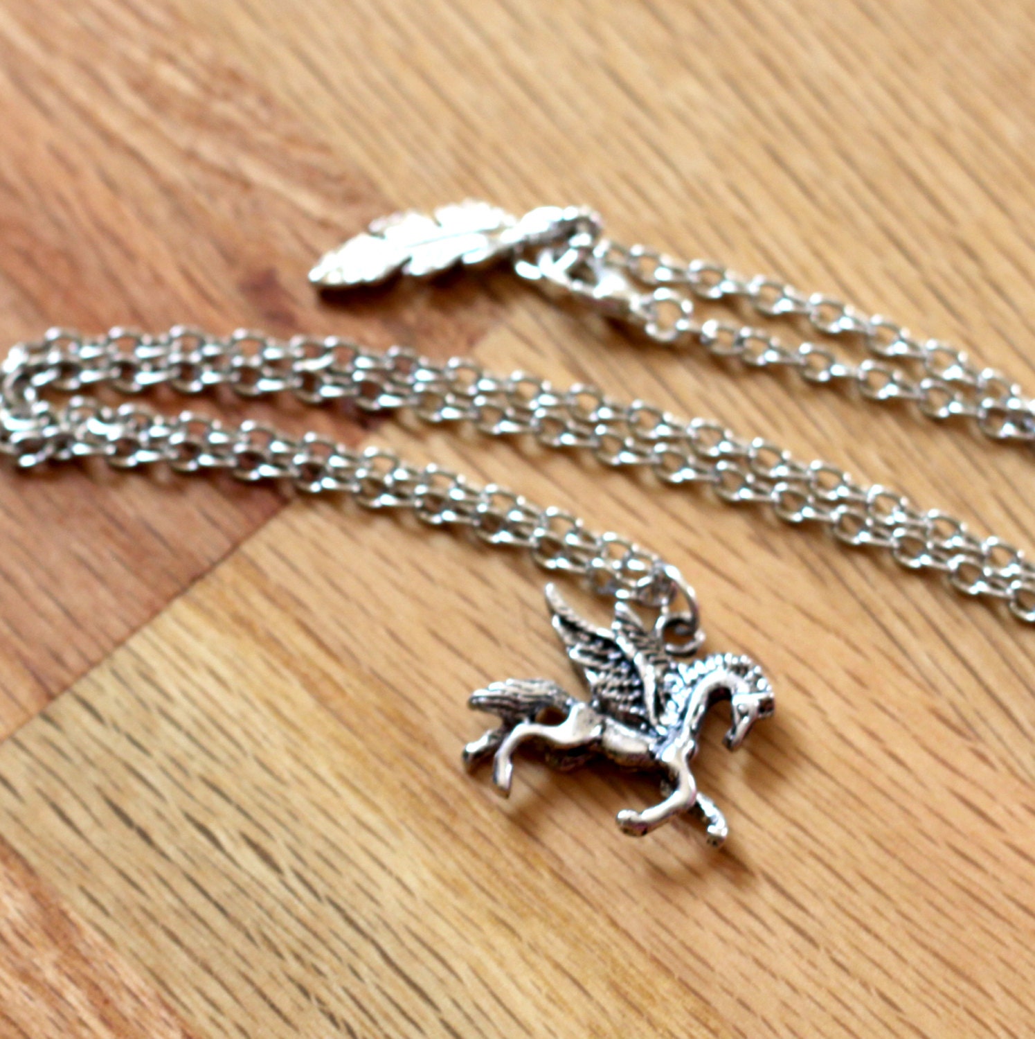 Pegasus Charm Necklace - Simple Tibetan Silver Pendant Necklace w/ Feather - Great For Layering