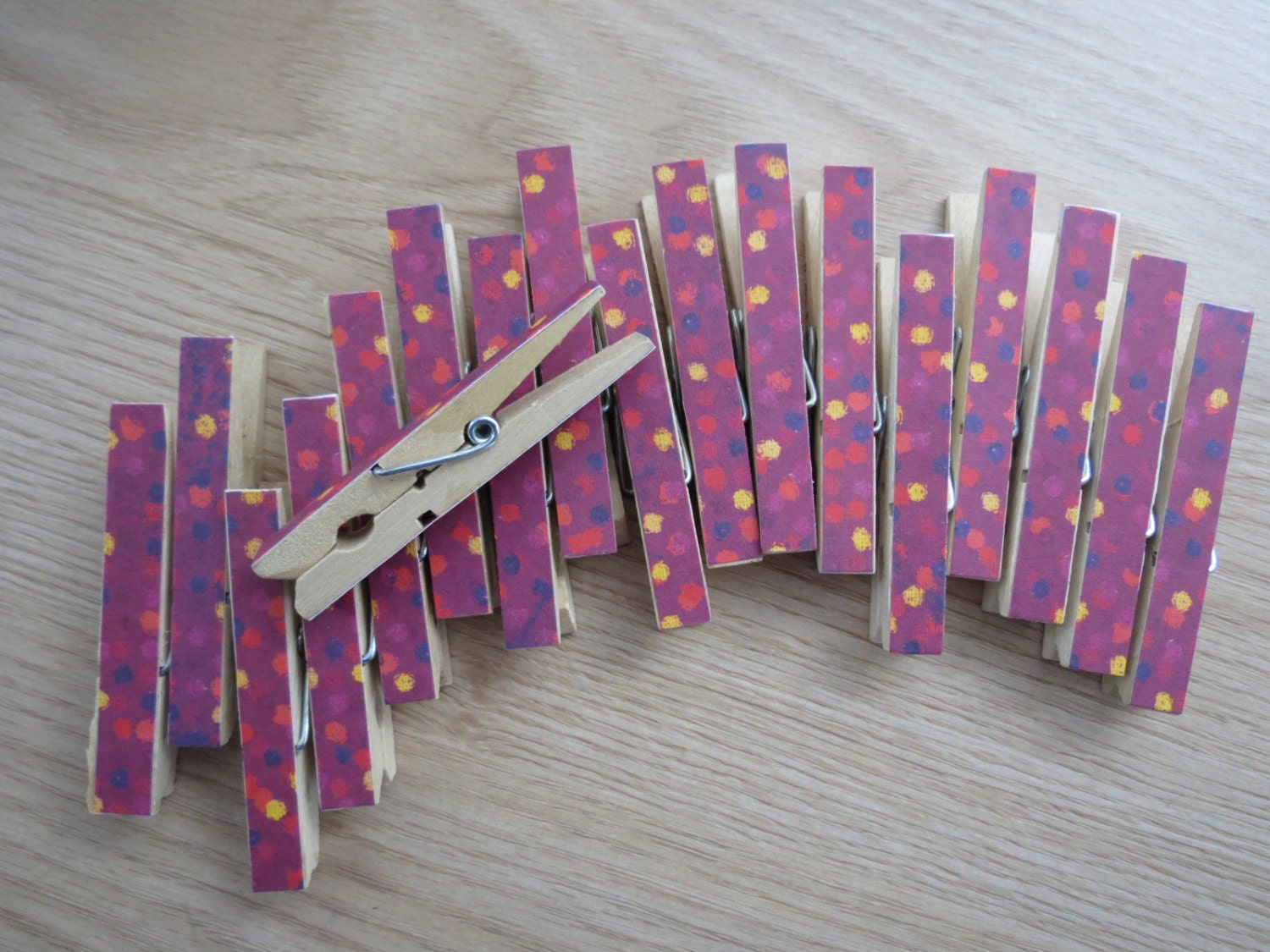 SALE - Set of 18 - Decoupaged Clothespins Clips - Magenta Gold and Purple Dots