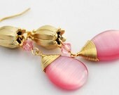 Pink Cats Eye Earrings, Gold Tulips, Floral Flower Earrings