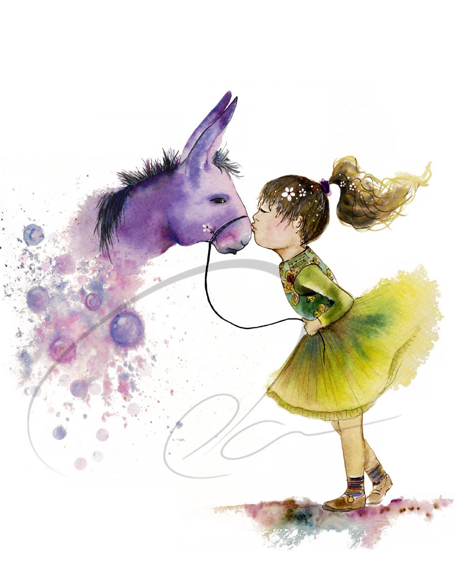 Magic Kiss - Art Print cute pony girls room decor childs wish cute nursery gift idea horse purple donkey watercolor painting Oladesign 11x14