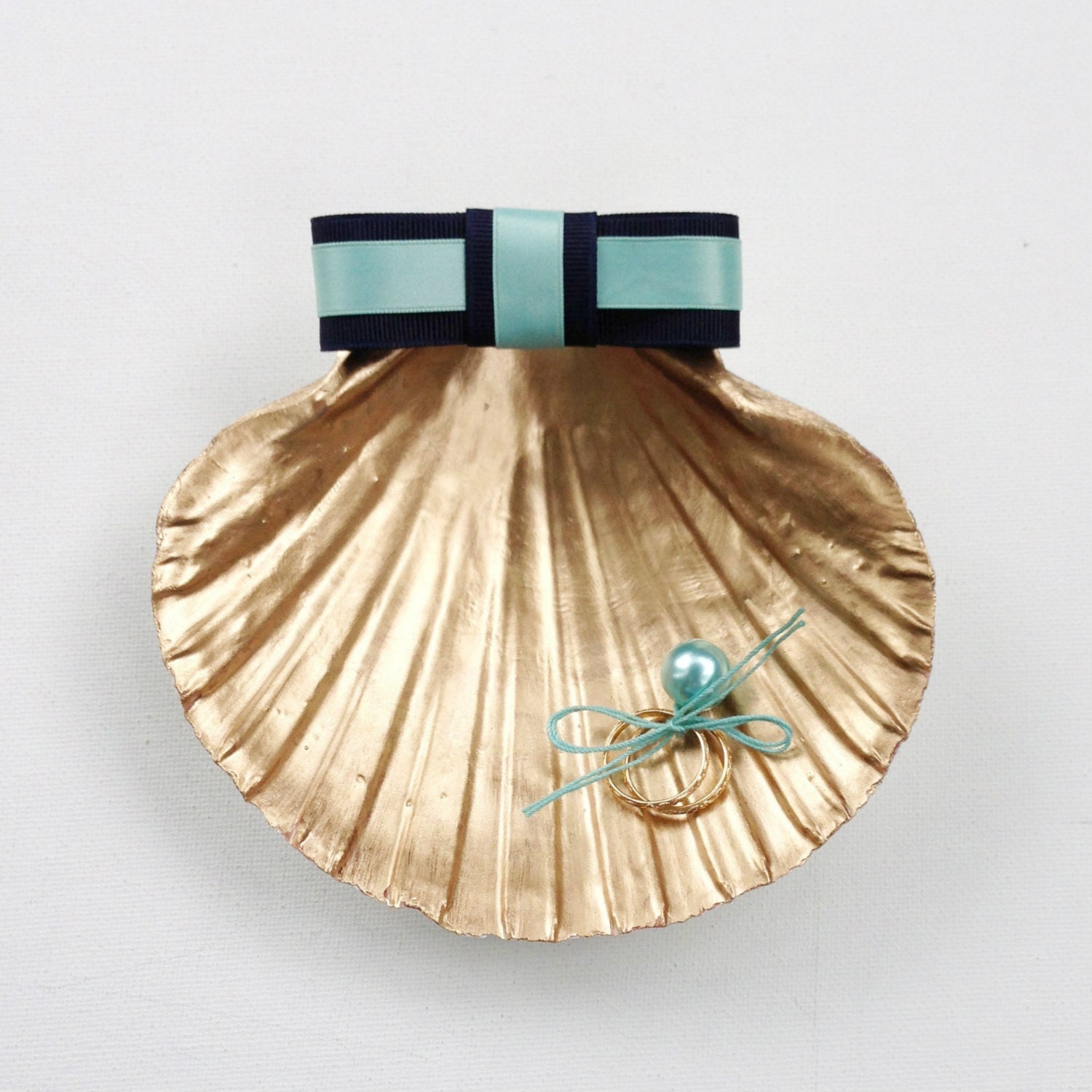 Ring Bearer Scallop Shell - Ring Bearer Alternative - Beach Wedding - Navy - Aqua - Gold