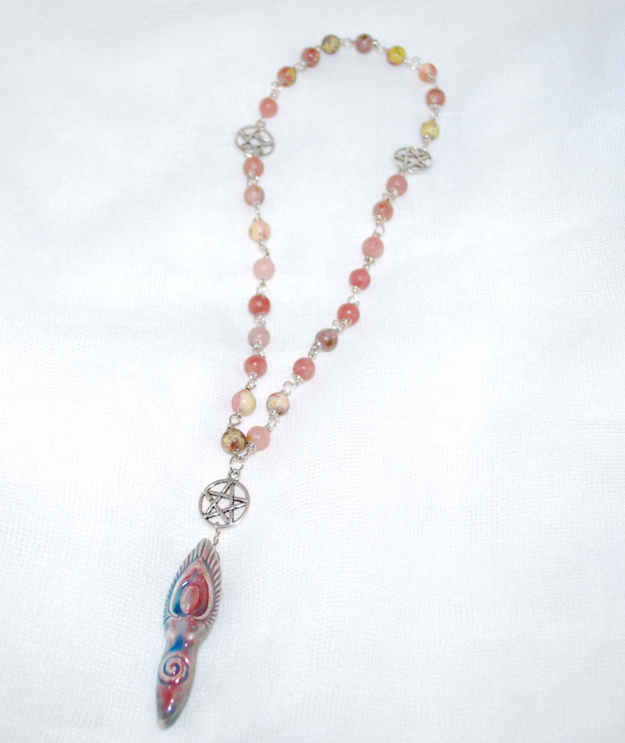 Goddess Rosary with Pink & Green Stone Beads Prayer Beads Meditation Beads