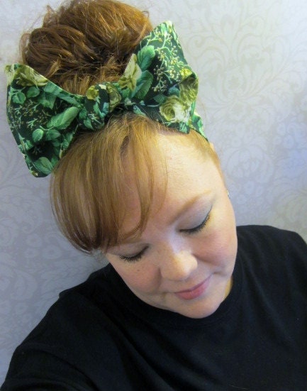 Green Floral Print Hair Bow Bandana Head Scarf -Retro Rockabilly