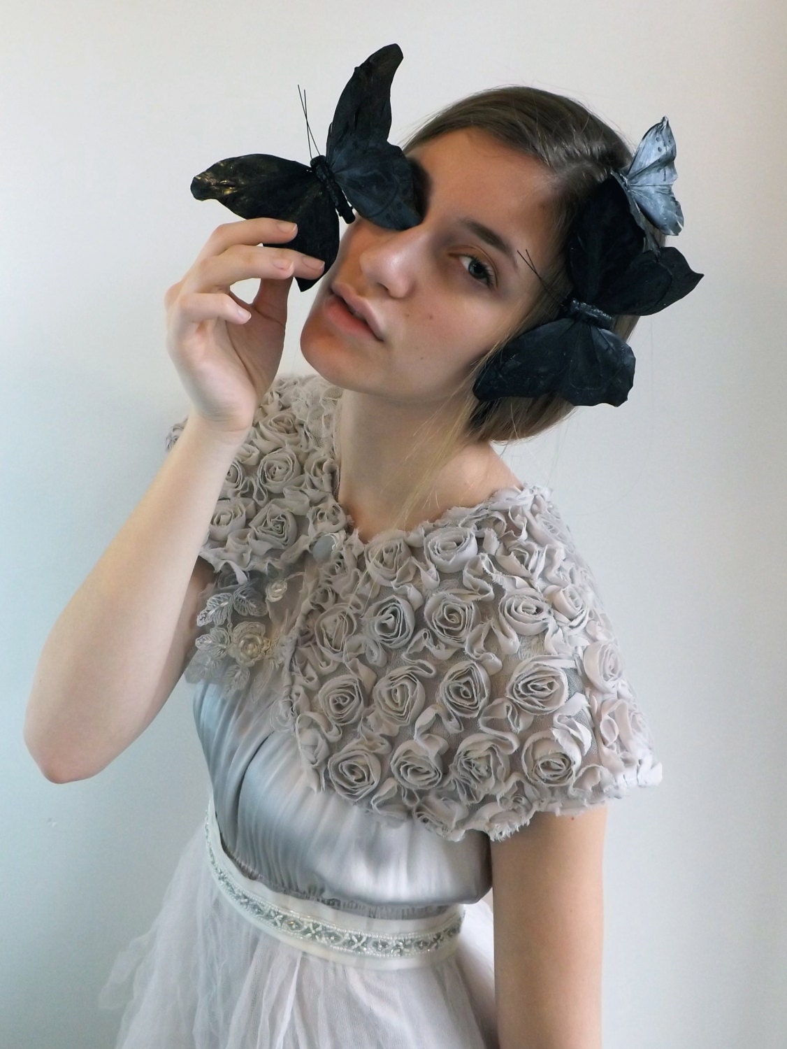 IN STOCK Les Papillons Soft Rose Grey Capelet with Faceted Agate Closure