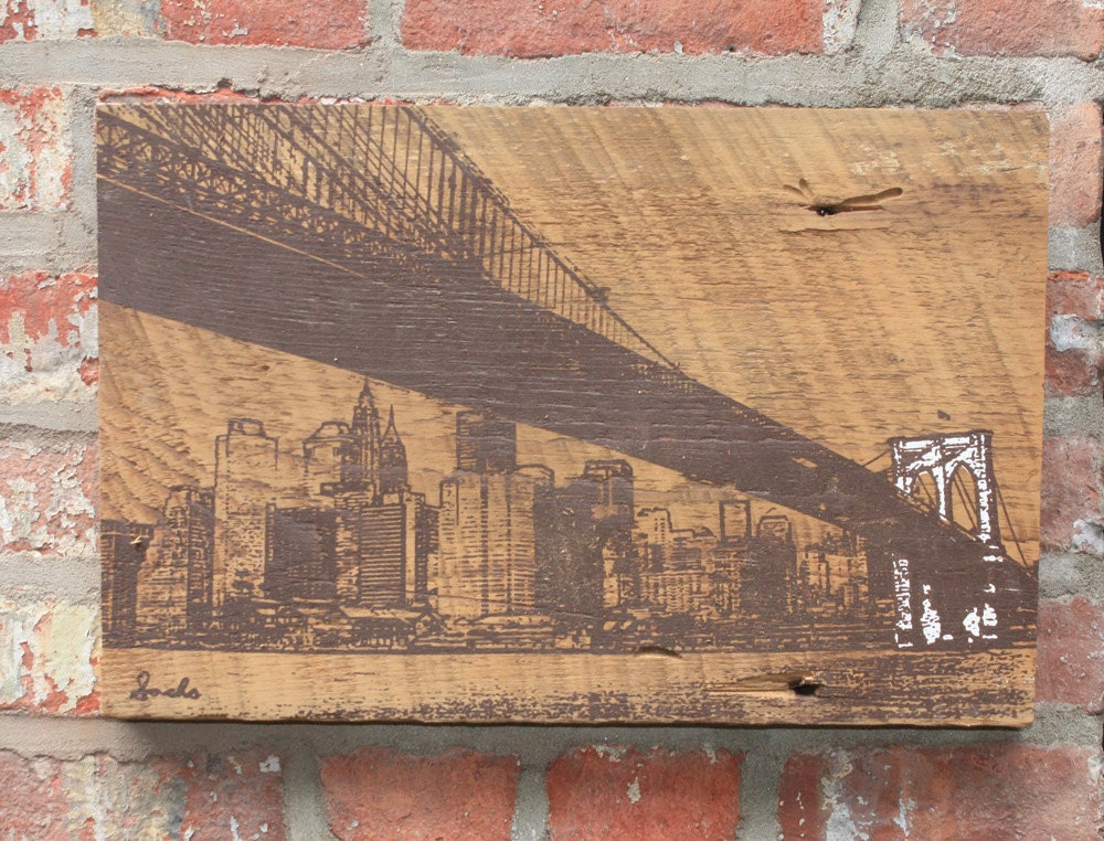 Brooklyn Bridge Wall Hanging on Reclaimed Barn Wood in Brown