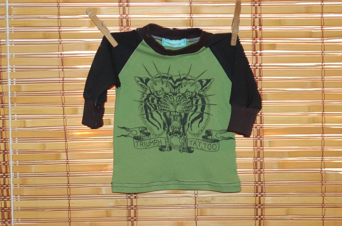 Recycled Baby Tshirt - tattoo, girl, boy, repurposed, tiger, shirt, infant, green, black