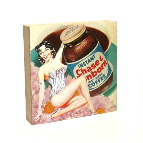 Mixed Media Original Collage Coffee Lover Retro Kitchen Art Wall Decor Pinup Showgirl