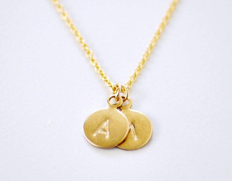 2 Brass Initials - personalized double charms 14k gold filled necklace - custom letter engraved discs