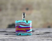 Colorful Landscape. Square polymer clay pendant.  Abstract.. Organic pattern. Tile pendant. Teal, purple, green, orange, grey