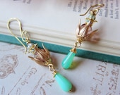 Golden Lotus Earrings - Jade and Seafoam Green - Pastel Floral Earrings