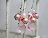 Pink Bridesmaids Earrings, Wedding Cluster Dangle Earrings, Bridal Earrings, Rose Briolette Swarovski Crystals, Pink Almond Pearls
