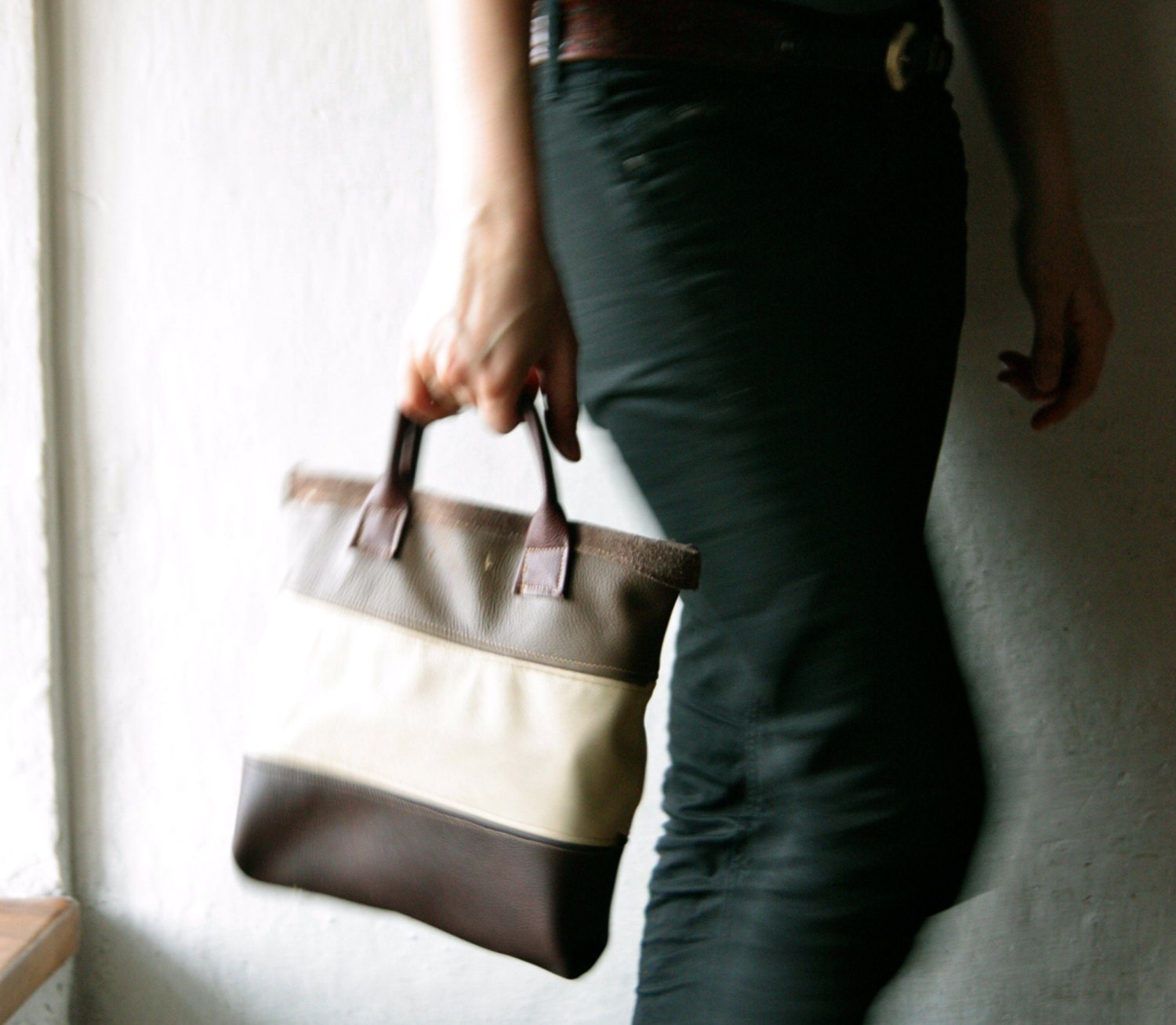 Leather Tote Bag - Brown Patchwork handmade genuine leather clutch purse