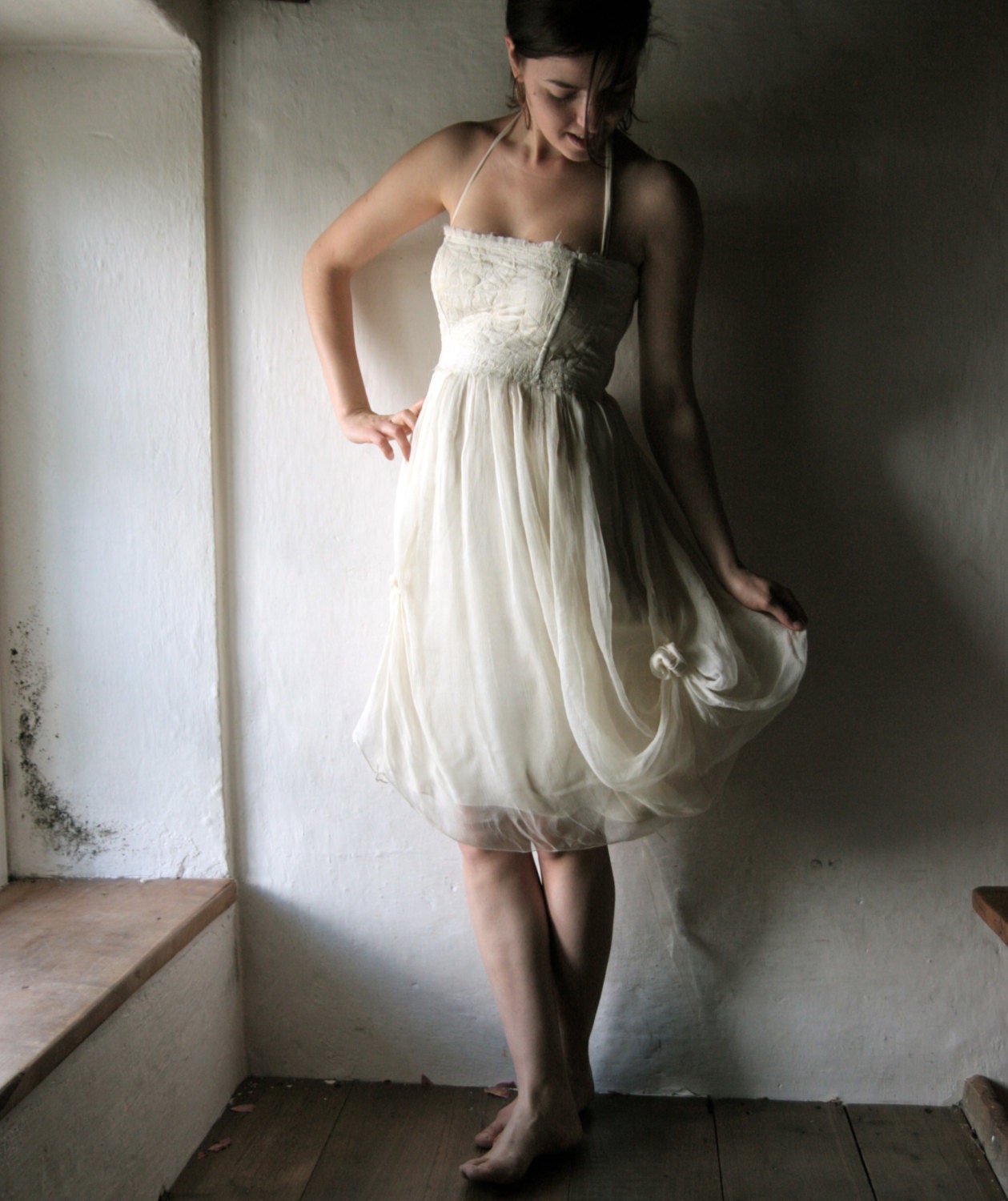 Short Silk wedding dress - READY TO SHIP - womens mini bridal gown in white silk - hippie boho beach wedding dress