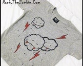 Little Vampire Rain Clouds Of Doom t-shirt by Rocky the Zombie Lightning raindrops
