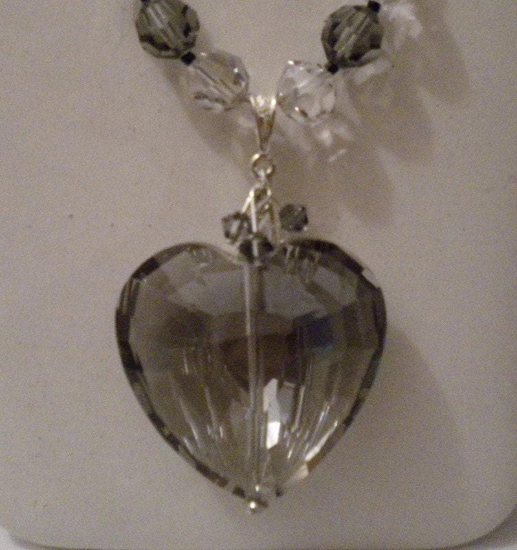 Romantic Necklace Black Diamond Heart w Blk Diamond Silver Shadow Crystals