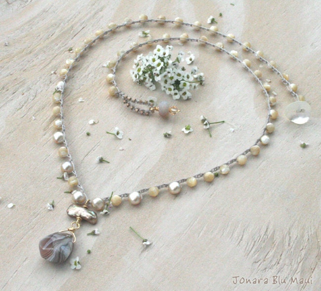 Beachy Shabby Chic Crocheted Necklace - Beach Bride Natural Hippie