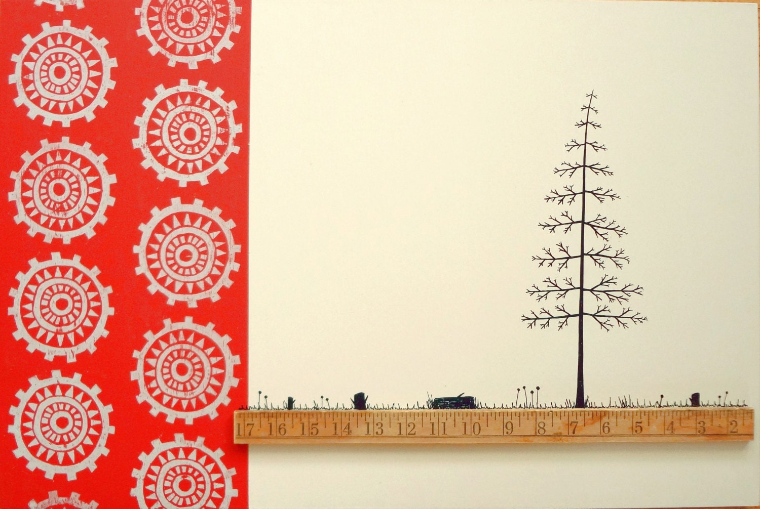 Mixed Media Collage Art on Wood, Block Printed Pattern and Pine Tree Illustration, Original Art by Erin Lang Norris.