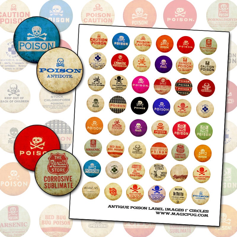 Antique Poison Pharmacy Label 1 inch circle digital collage sheet for buttons badges bottlecap necklace 25mm round 25.4mm pinback arsenic