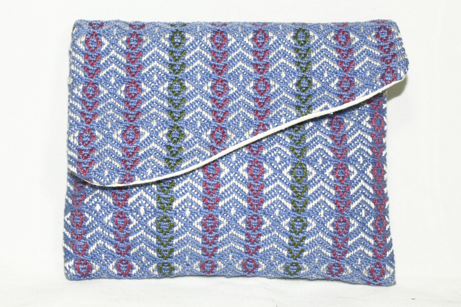 Handwoven Mini Clutch Purse - Handbag - Woodland Stripe with Blue Iris - Natural, Gray Mauve, Moss Green - Cotton & Linen
