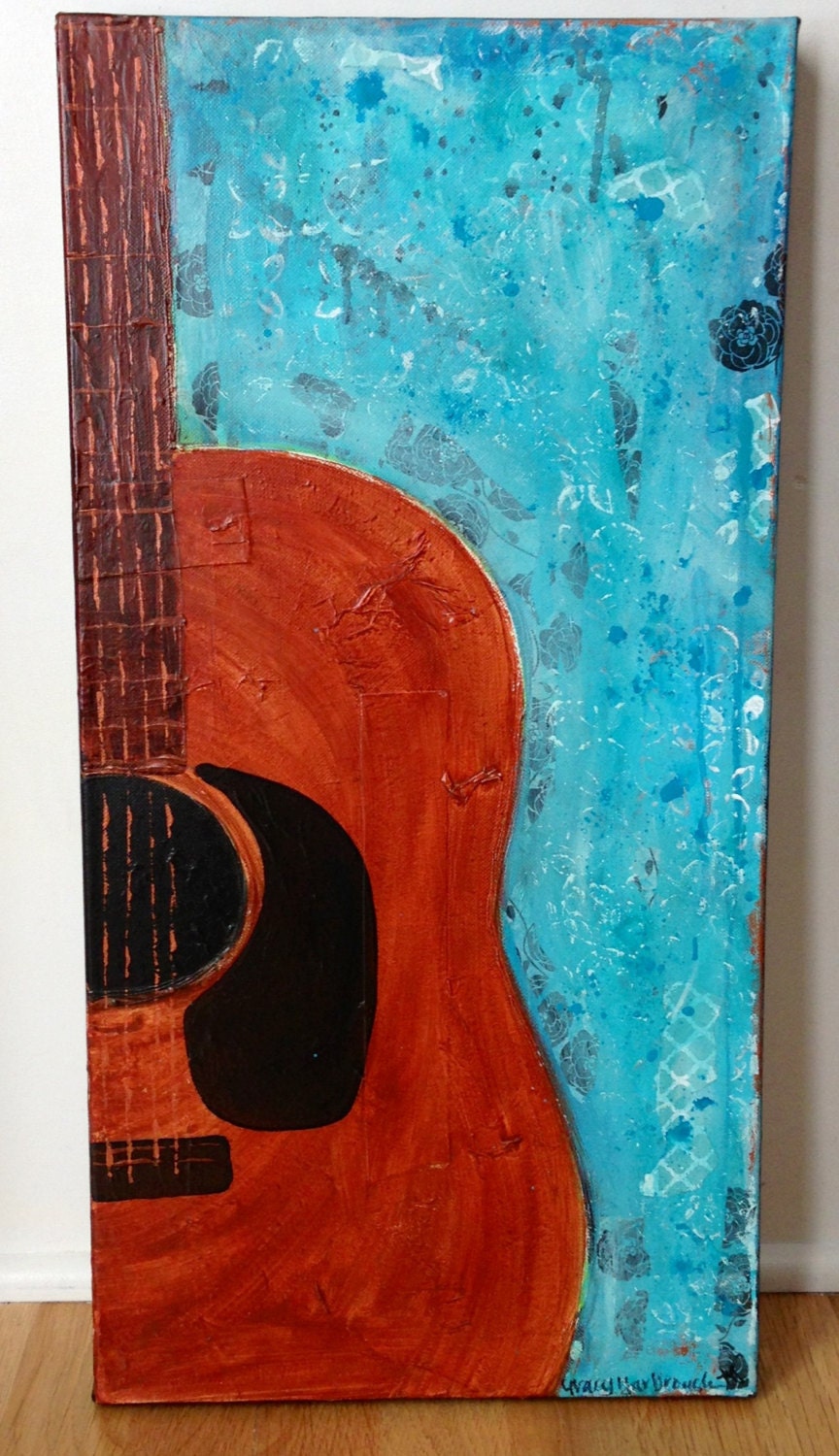 Guitar with blue background painting on canvas