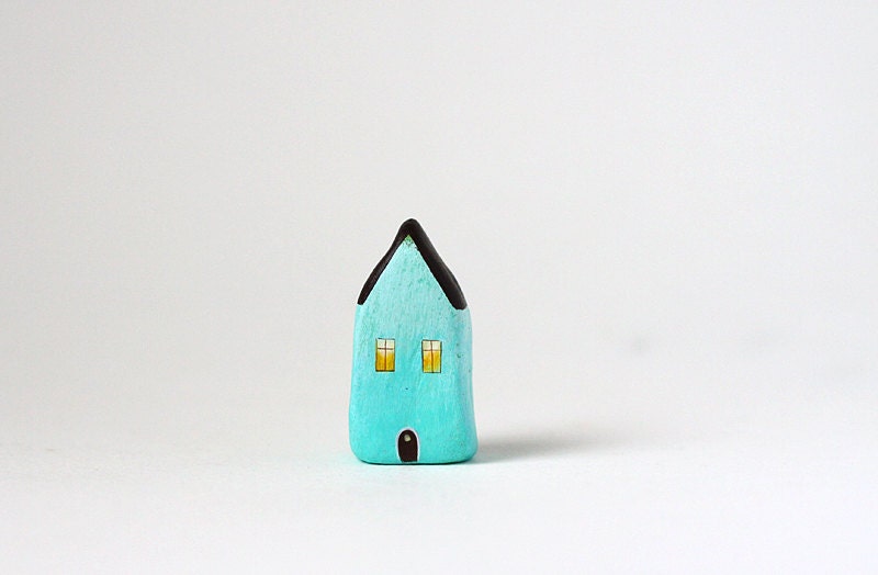Little Home No 400 - Little clay house - aqua blue ombré house with brown roof